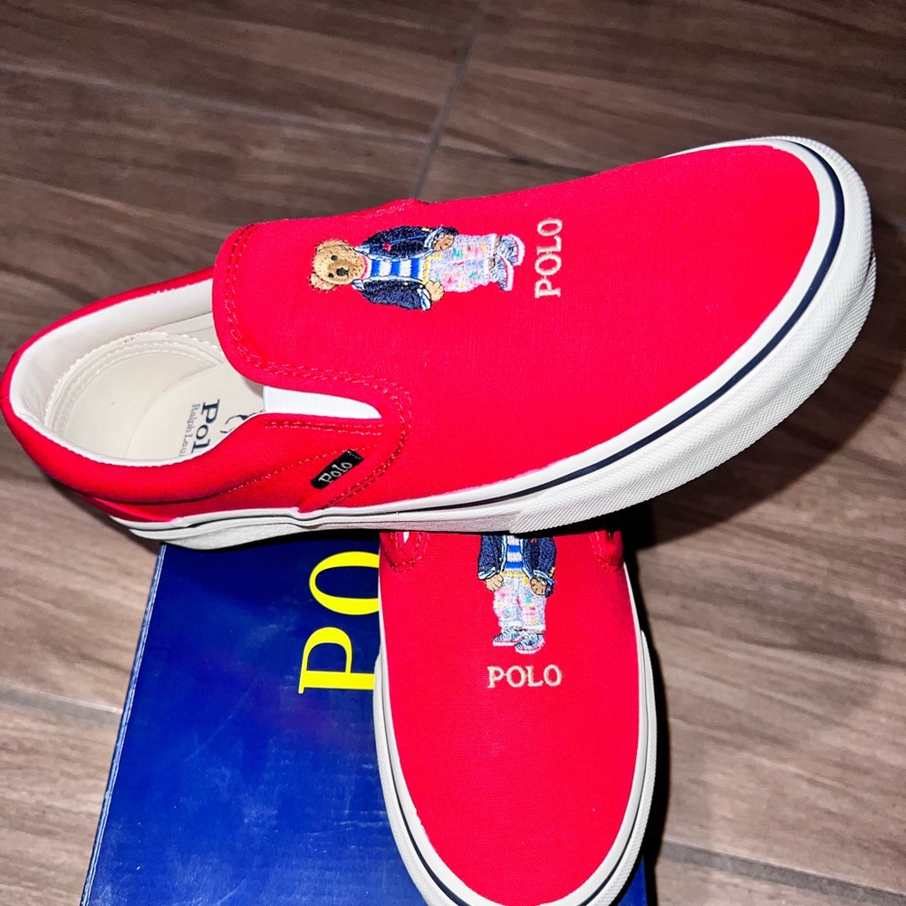 Polo by Ralph Lauren Red Slip-On Sneakers with Bear Embroidery